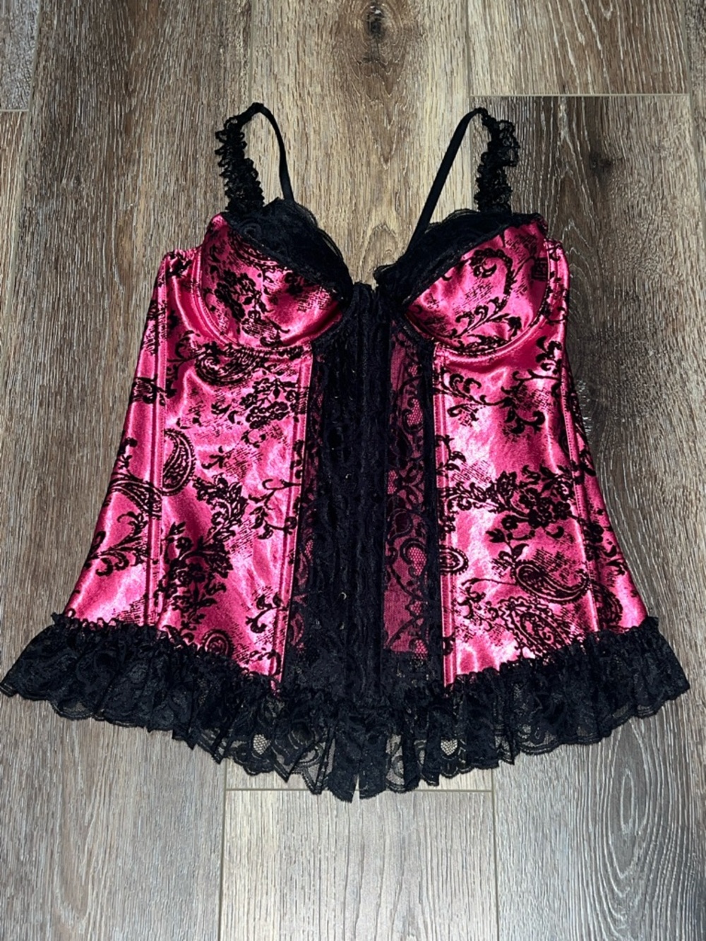 Shirley of Hollywood Pink Satin Tapestry & Black Lace Bustier Lace-up Corset 🩷🖤🩷